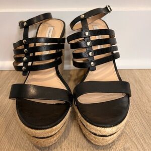 Diane von Furstenberg DVF Black Leather Strappy 4" Espadrille Wedges EU 38 / 7.5